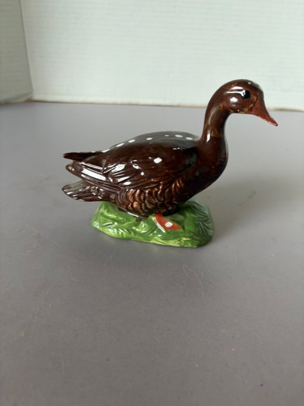 Vintage Brown Ceramic Duck Figurine With White Polka Dots & Green Base